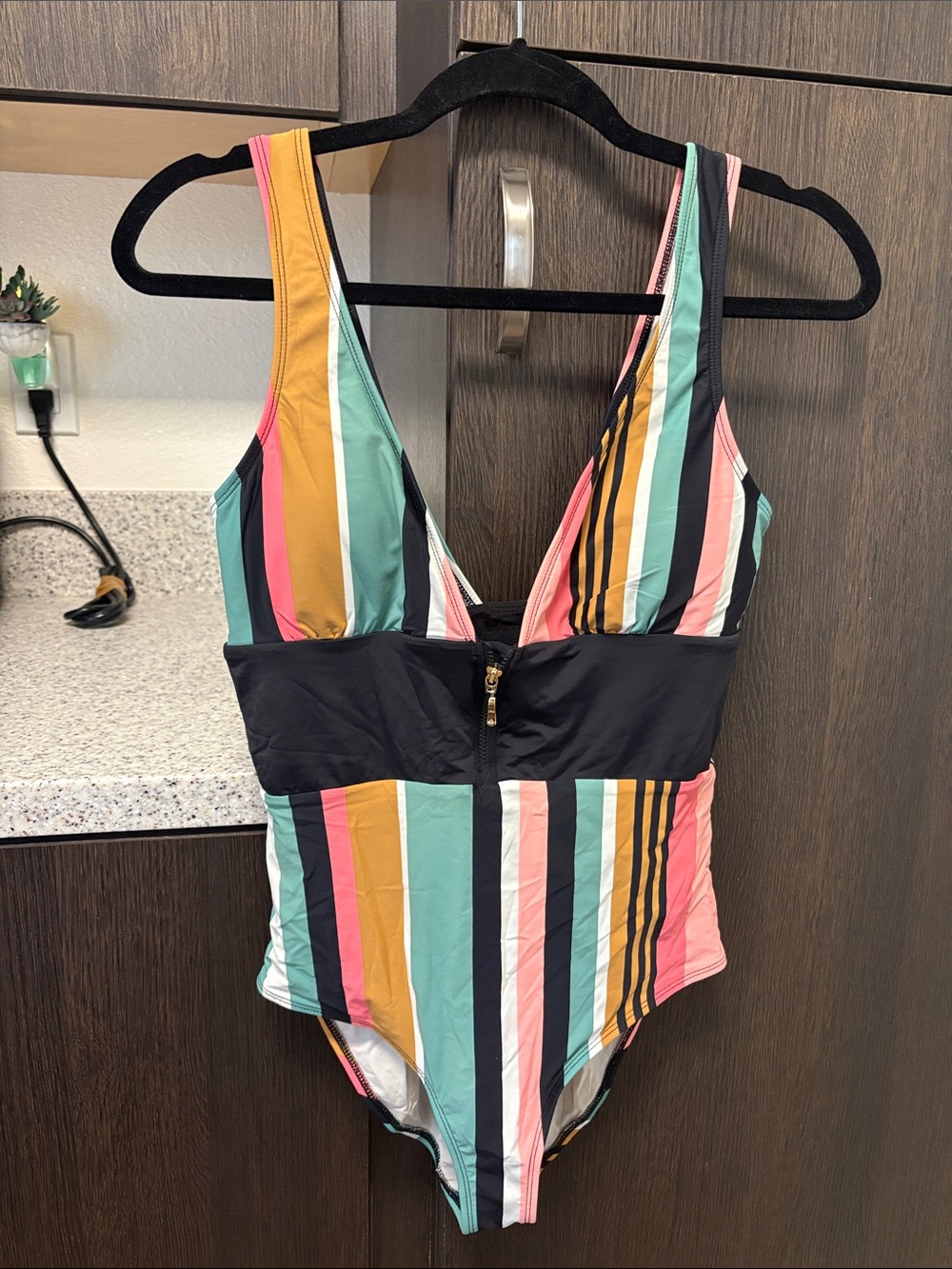 Skye Striped Deep V One-Piece in Teal, Pink, Mustard & Black